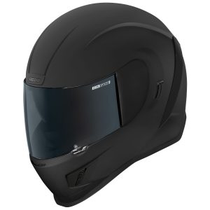 Casco Icon Airform Dark, policarbonato inyectado, certificación DOT y ECE 22-06, incluye visera negra y lentes internos oscuros, Icon no se empaña, espumas absorbentes de humedad