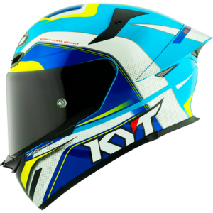 Casco KYT TT Revo Grand Prix Blanco/Azul, certificacion ECE 22.06 y DOT, termoplástico avanzado ADT, cierre doble D