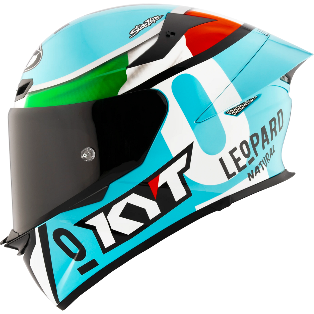 Casco KYT TT Revo Leopard Tri-Color brillante, certificacion ECE 22.06 y DOT, termoplástico avanzado ADT, cierre doble D