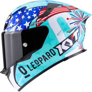 Casco KYT TT Revo Leopard Americas brillante, certificacion ECE 22.06 y DOT, termoplástico avanzado ADT, cierre doble D