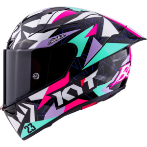 Casco KYT KX-1 Race GP Bastianini Indonesia 2025, Certifiacion ECE 22.06/FIM, fibra tricomposite y aramida, cierre de visera de carreras, 1450 g