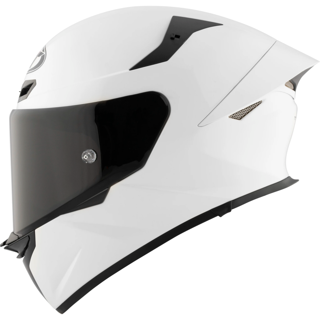 Casco KYT TT Revo blanco brillante, certificacion ECE 22.06 y DOT, termoplástico avanzado ADT, cierre doble D
