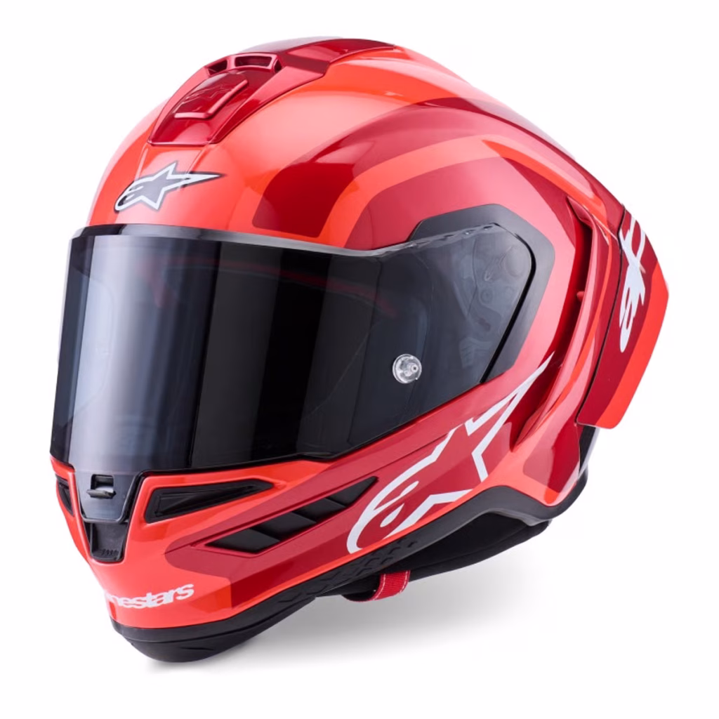 Casco Alpinestars Supertech R10 Carbon Arius Rojo Brillante, Certificacion ECE 22.06/DOT/FIM, carbono 3K, ventilacion estrategica, visera negra, Pinlock, Tear-Off, cierre doble D