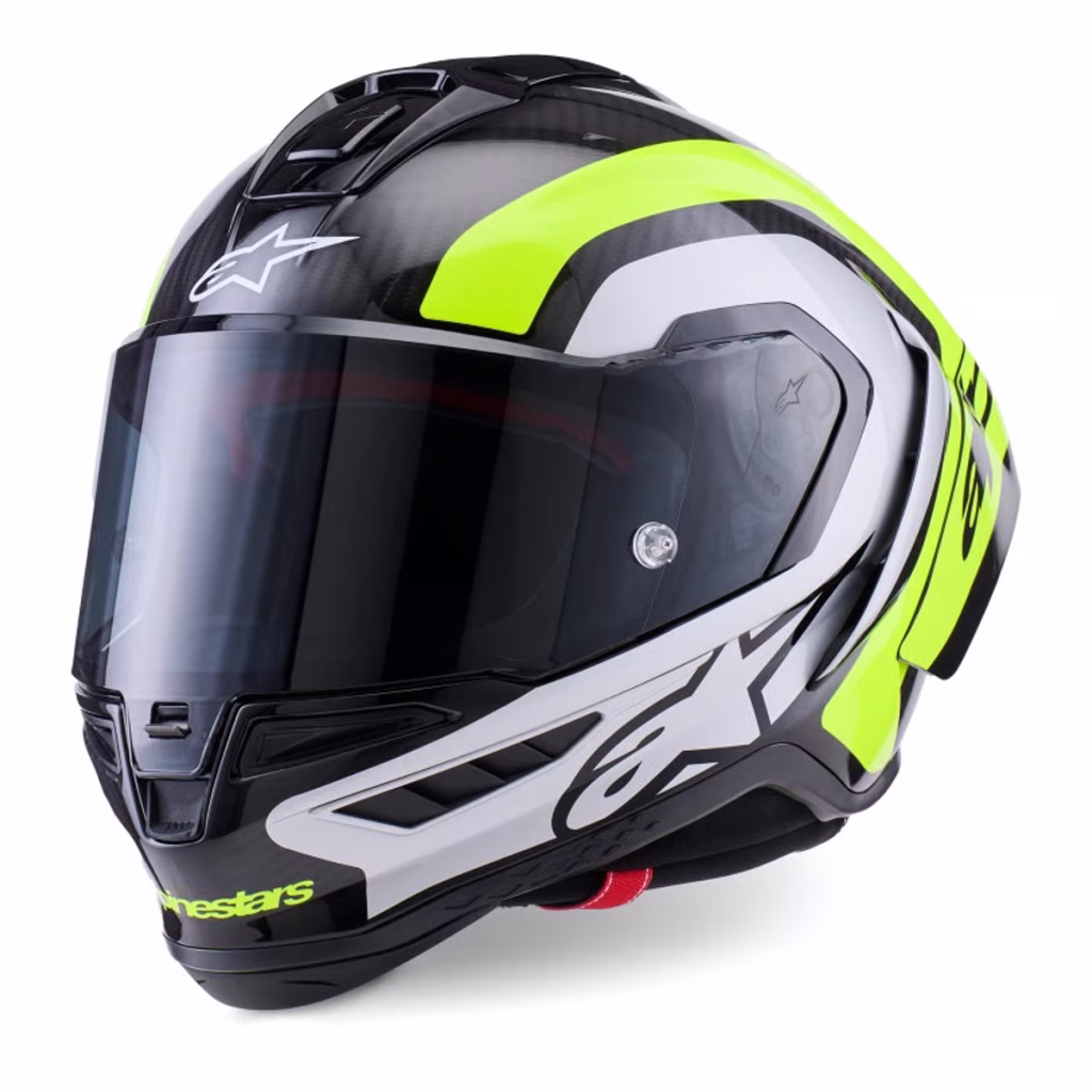 Casco Alpinestars Supertech R10 Carbon Arius Amarillo Fluorescente Brillante, Certificacion ECE 22.06/DOT/FIM, carbono 3K, ventilacion estrategica, visera negra, Pinlock, Tear-Off, cierre doble D