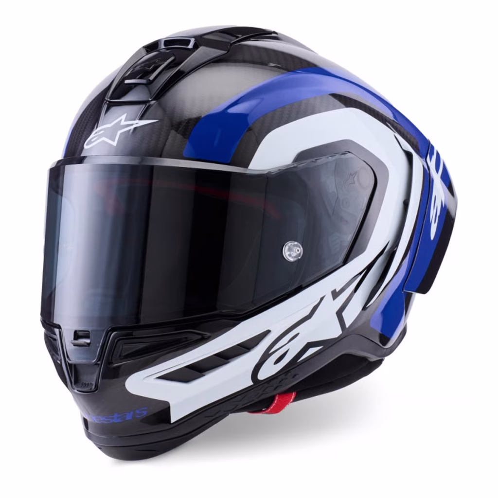 Casco Alpinestars Supertech R10 Carbon Arius Azul Brillante, Certificacion ECE 22.06/DOT/FIM, carbono 3K, ventilacion estrategica, visera negra, Pinlock, Tear-Off, cierre doble D