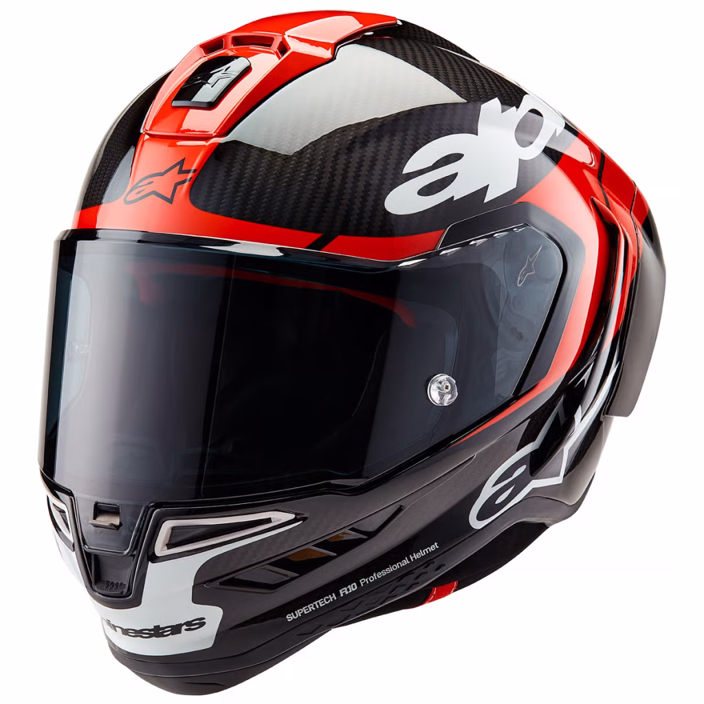 Casco Alpinestars Supertech R10 Carbon Element Negro/Rojo Brillante, Certificacion ECE 22.06/DOT/FIM, carbono 3K, ventilacion estrategica, visera negra, Pinlock, Tear-Off, cierre doble D