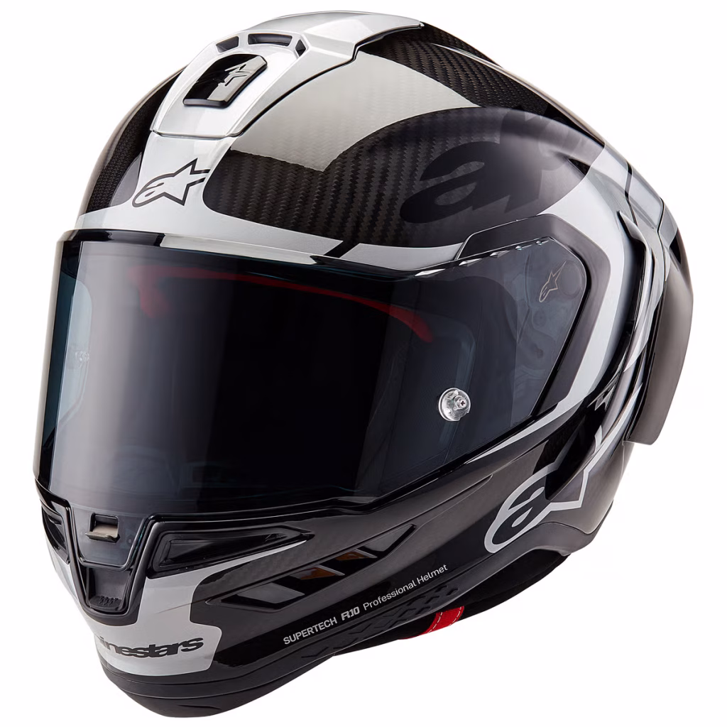 Casco Alpinestars Supertech R10 Carbon Element Negro/Gris Brillante, Certificacion ECE 22.06/DOT/FIM, carbono 3K, ventilacion estrategica, visera negra, Pinlock, Tear-Off, cierre doble D