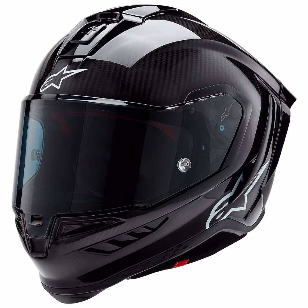 Casco Alpinestars Supertech R10 Carbon Negro Brillante, Certificacion ECE 22.06/DOT/FIM, carbono 3K, ventilacion estrategica, visera negra, Pinlock, Tear-Off, cierre doble D