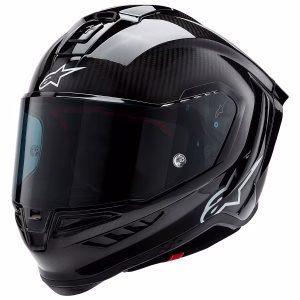 Casco Alpinestars Supertech R10 Carbon Negro Brillante, Certificacion ECE 22.06/DOT/FIM, carbono 3K, ventilacion estrategica, visera negra, Pinlock, Tear-Off, cierre doble D