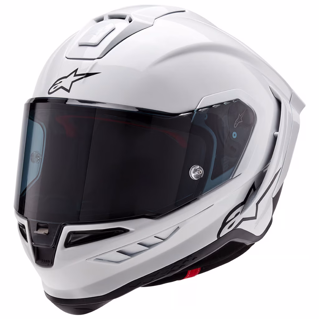 Casco Alpinestars Supertech R10 Carbon Blanco Brillante, Certificacion ECE 22.06/DOT/FIM, carbono 3K, ventilacion estrategica, visera negra, Pinlock, Tear-Off, cierre doble D