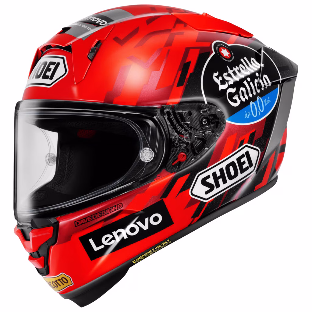 Casco Shoei X-15 Marquez 9 rojo brillante, certificacion DOT/ECE22.06/Snell M2025R, fibra de vidrio con fibras orgánicas ligeras, visera transparente y pinlock